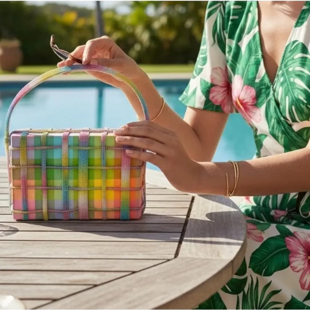 Simitri Rainbow Crystal Etoile Clutch NWT Multicolor Gingham Handcrafted